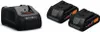 A black battery charger and two black batteries are shown against a white background. Podgląd zdjęcia produktu