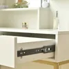 Close-up view of an open drawer on a white vanity table, showing a drawer slide mechanism. Produktbild-Vorschau