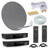 A collection of satellite TV equipment laid out on a white background. Produktbild-Vorschau