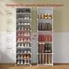 Two white shoe racks filled with various types of shoes and boots. Produktbild-Vorschau