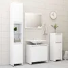 A clean, modern bathroom with white vanity, sink, mirror, and storage cabinets. Voir les images du produit