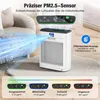 An air purifier is shown in a living room setting, with graphics illustrating its function and features. Produktbild-Vorschau