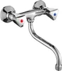 A chrome-plated kitchen faucet with two handles, one red and one blue, mounted on a white background. Podgląd zdjęcia produktu