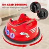 A red bumper car with cartoon animal and rainbow decals is shown on a light-colored floor. An arrow graphic indicates 360-degree rotation. Inset images show the wheel mechanism. Produktbild-Vorschau