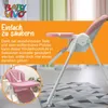 A pink baby high chair is shown with marketing text overlayed on an orange background. Produktbild-Vorschau