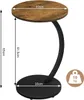 A side view of a round side table with a wooden top and a black curved metal base, with dimensions and weight capacity indicated. Produktbild-Vorschau