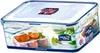 A clear plastic food storage container with a blue lid, filled with fruits and vegetables. Produktbild-Vorschau