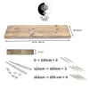 Diagram showing dimensions and mounting hardware for a wooden shelf. Produktbild-Vorschau