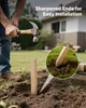 A person is hammering a wooden stake into the ground in a backyard setting. A close-up inset shows the sharpened end of the stake entering the soil. Náhled obrázku produktu