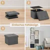 A collage showing the assembly and use of a storage ottoman. Produktbild-Vorschau