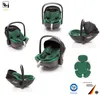 A collage of a green and black baby car seat shown from multiple angles, with a separate green insert and certification logos. Náhled obrázku produktu