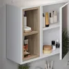 A close-up view of a white and wood-tone bathroom cabinet with its doors open, displaying various toiletries and cosmetic products on its shelves. Náhled obrázku produktu