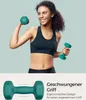 A woman is holding dumbbells, and a close-up of a dumbbell is shown below with text. Produktbild-Vorschau