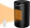 A black cylindrical ceramic heater with a remote control and orange heat waves emanating from it. Produktbild-Vorschau