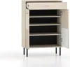 A beige cabinet with black legs and an open door, showing shelves and a drawer. Podgląd zdjęcia produktu