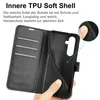 A person's hand is holding open a black leather flip phone case, revealing the inner TPU soft shell. Produktbild-Vorschau