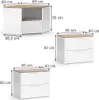 Collage of three different white and wood-grain furniture pieces with dimensions indicated. Anteprima dell’immagine prodotto