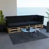 A pallet sofa with black cushions is set up on a balcony overlooking the ocean, with coffee tables and plants. Produktbild-Vorschau