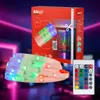A product shot of an LED strip light kit, including the packaging, the LED strip itself, and a remote control, set against a blurred background with neon lighting. Produktbild-Vorschau