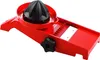 A red and black vegetable slicer with a lemon juicer attachment is shown against a white background. Podgląd zdjęcia produktu