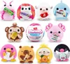 A collage of various plush toys, each holding a snack or drink. Produktbild-Vorschau