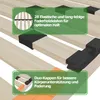 Close-up view of a wooden bed slatted frame with black plastic holders and informational overlays. Produktbild-Vorschau
