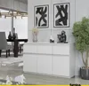 A modern dining room with a white sideboard, dining table, chairs, and abstract art on the wall. Produktbild-Vorschau