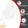 A white USB-C charger with German text and icons describing its features. Produktbild-Vorschau