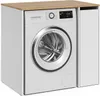A white washing machine is integrated into a white cabinet with a wooden top. Náhled obrázku produktu