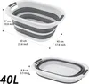 A collapsible laundry basket is shown in two states: fully open with dimensions indicated, and folded flat. Text indicates the capacity. Voir les images du produit
