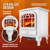 A white electric fireplace with a flame effect, presented with marketing text and a close-up detail shot. Produktbild-Vorschau