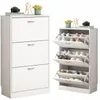 Two white shoe cabinets are displayed against a white background. The cabinet on the left is closed, while the cabinet on the right has its doors open, revealing shoes inside. Náhľad obrázku produktu