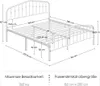 A diagram of a white metal bed frame with dimensions and specifications. Produktbild-Vorschau