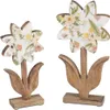 Two decorative wooden flowers with floral patterned petals on a white background. Produktbild-Vorschau
