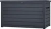 A dark gray outdoor storage box with a slatted design and a hinged lid. Produktbild-Vorschau