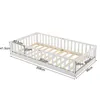 A white wooden children's bed with safety rails, shown with dimensions indicated by text overlays. Náhľad obrázku produktu