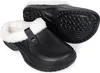 A pair of black clogs with white faux fur lining, shown from a slightly elevated angle against a white background. Produktbild-Vorschau