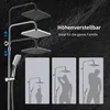A shower system with adjustable height and multiple shower heads, shown with silhouettes of people to demonstrate its use for different family members. Podgląd zdjęcia produktu