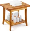 A wooden shower stool with towels on top and various bottles on the shelf below, set against a white background. Podgląd zdjęcia produktu