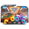 A toy monster truck 2-pack in its packaging, featuring two monster trucks designed as a dragon and a sparkly unicorn. Voir les images du produit