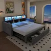 A modern bedroom or living room with a sofa bed extended into a bed, featuring integrated shelving and lighting. Náhled obrázku produktu