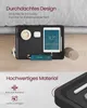 A black bedside tray is shown with a tablet, phone, cup of coffee, and wireless earbuds on it, placed next to a bed. Produktbild-Vorschau