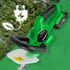 A green electric hedge trimmer is shown in front of a lush green forest background, with a white leaf and plug icon symbolizing eco-friendliness and power. Podgląd zdjęcia produktu