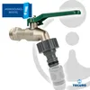 A close-up of a faucet with a green handle and a hose connector attached, against a white background with abstract grey circles. Produktbild-Vorschau