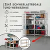 A marketing image showcasing heavy-duty shelving units and workbenches with various items stored on them. Features are highlighted with text and icons. Anteprima dell’immagine prodotto
