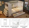 A white children's bed with integrated storage drawers and shelves, shown in a room setting with decorative elements. The image is a collage of the main product shot and close-ups of its features. Produktbild-Vorschau