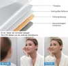A diagram showing the layers of a mirror and two comparison images of a woman looking into mirrors with different CRI ratings. Produktbild-Vorschau