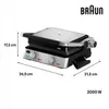 A product shot of a Braun grill with dimensions and power indicated. Podgląd zdjęcia produktu