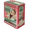 A vintage-style tin box with a retro advertisement for coffee. Voir les images du produit