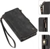 A black wallet-style phone case with a wrist strap is shown against a white background. Insets show close-ups of the zipper, clasp, and strap attachment. Produktbild-Vorschau